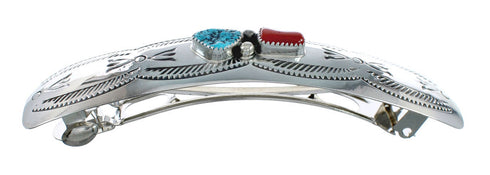 Native American Navajo Turquoise Coral Sterling Silver Hair Barrette JX131020